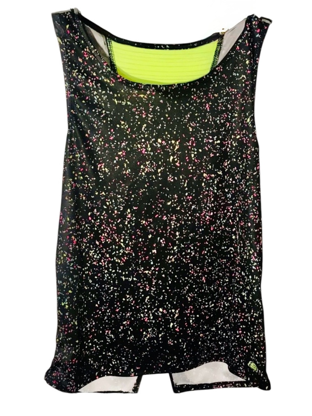 Skechers Active Girls Tank Top Black Confetti Print Green Back Insert Size 14/16